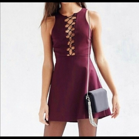 silence + noise Dresses & Skirts - Urban Outfitters Maroon Lace Up Front Dress